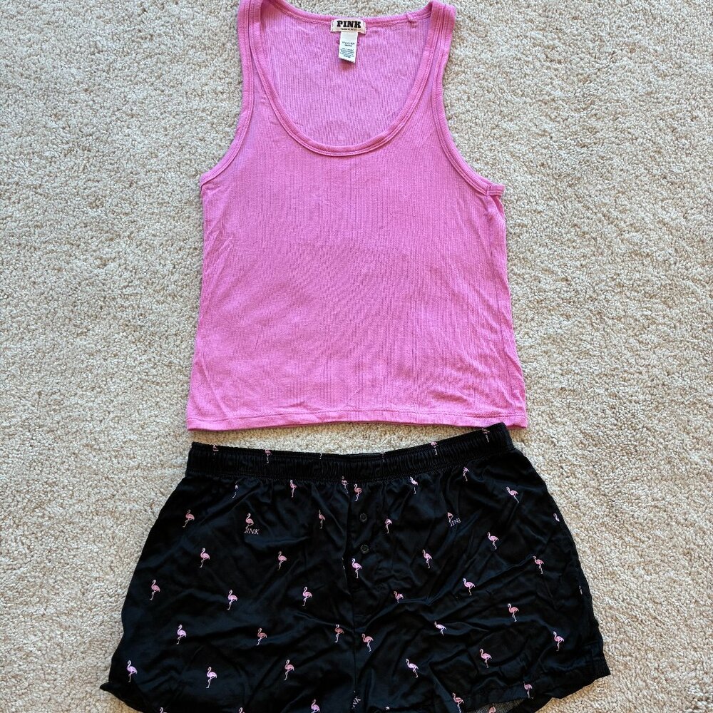 Pink Victoria's Secret Lightweight Ribbed Tank Top & Black Pink Flamingo Shorts